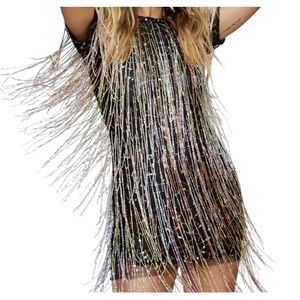 Nasty Tassel Beaded Mini Bodycon Shift Dress Women 0 Gal Sequin Fringe Party New